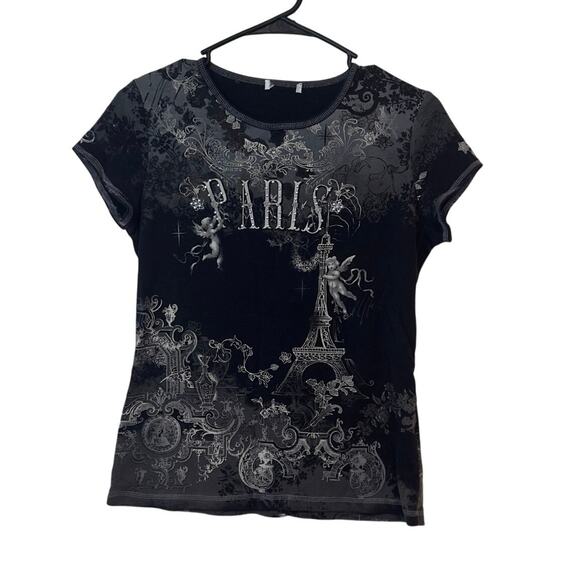 DressBarn Tops - Dressbarn Y2K Women’s Paris Fitted T-Shirt Size L Black Gray Rhinestones Floral